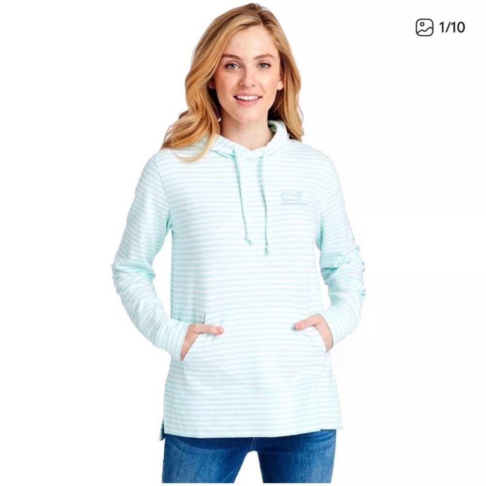 Vineyard Vines Women’s Hoodie Long Sleeve Whale French Terry Striped Green Small